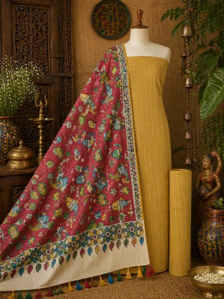 Premium Mustard Yellow Cotton Suit Set with Kalamkari Printed Dupatta | Unstitched Dress Material